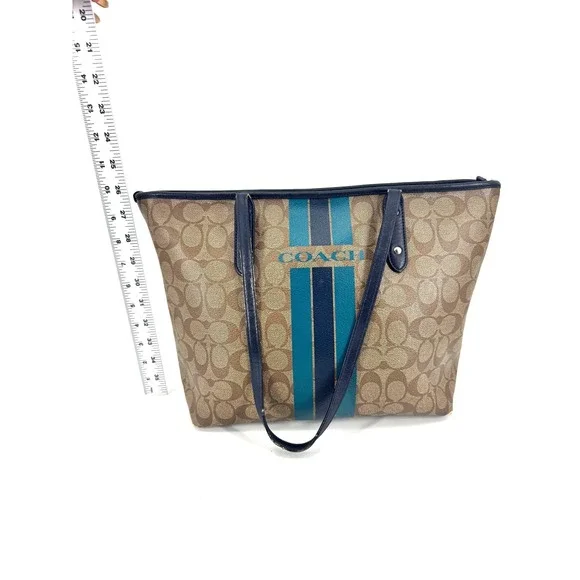 Coach City Tote Signature Canvas Varsity Stripe Brown Teal Navy Zip Top Bag - Picture 6 of 9